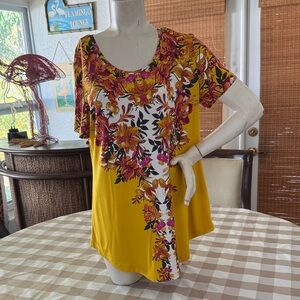 JM Collection Yellow Floral Scoop Neck Short Sleeve Top